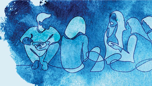 Watercolour graphic with outline of people sitting in a circle
