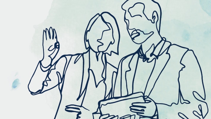 Outline of two people one holding a tablet another with their hand up