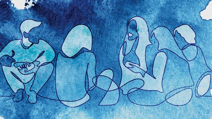 Watercolour graphic with outline of people sitting in a circle