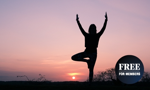 A person is holding their hands up in a yoga pose while the sunsets